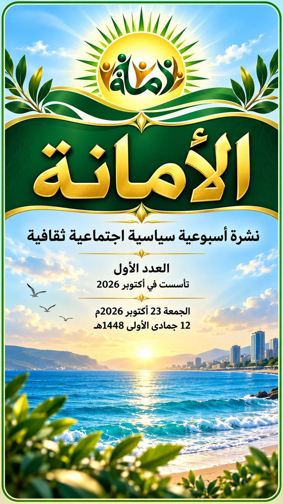 غلاف الأمانة: شمس مشرقة وشعار أشخاص يشكلون اسم النشرة، تأسست في أكتوبر 2026، العدد الأول، 23 أكتوبر